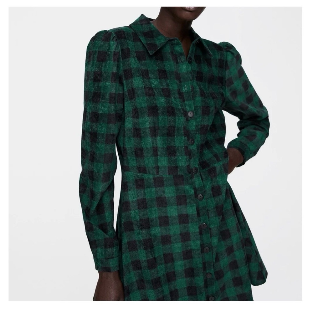 Zara Corduroy Green and Black Plaid Shirt Dress - Picture 2 of 7